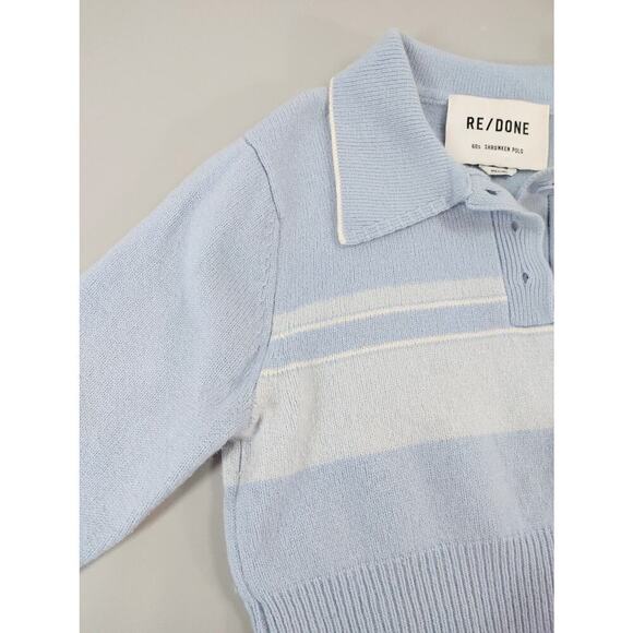 RE/DONE 60s Shrunken Polo Top Medium Pale Blue Striped Cropped Knit Mod - Picture 13 of 16